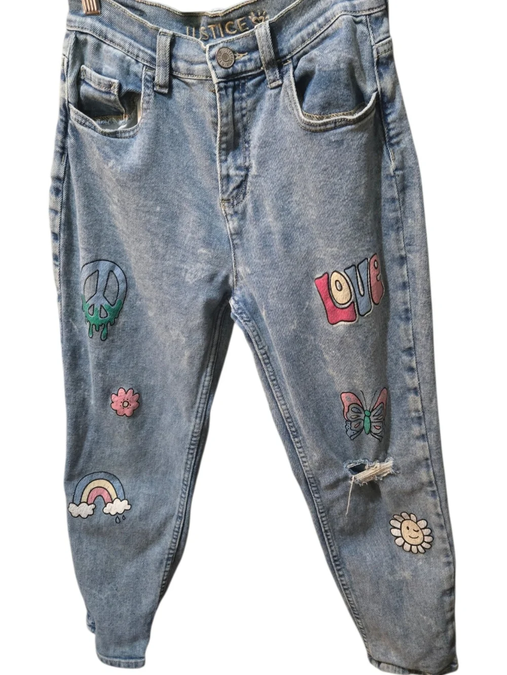 Justice Mini Mom Jeans Size 18 Distressed Graphic Patch Light Wash Denim